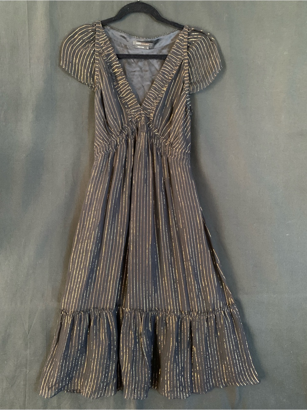 BCBG Black w/Gold metallic Stripe Silk Cap Sleeve Babydoll/ Empire Waist Dress